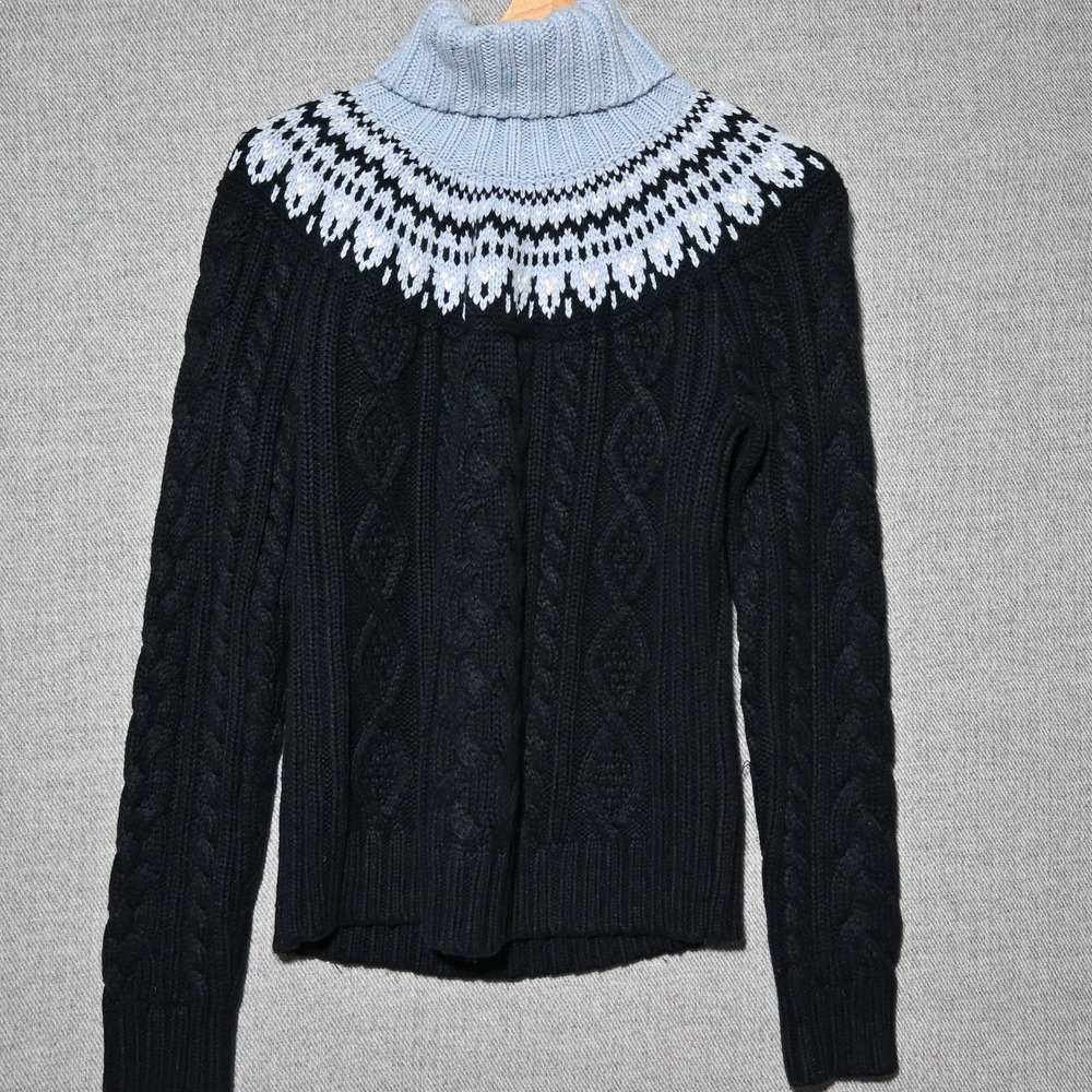 St. Johns Bay Turtleneck Sweater Womens Fair Isle Cable Knit M Black Blue